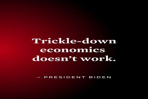 Plakat mit fetter schwarzer Schrift 'Trickle-Down Economics Works Not' auf weißem Hintergrund, eingerahmt von einem dünnen schwarzen Rand, begleitet von einem Zitat des Präsidenten Biden.