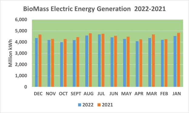 Liniengraph, der die Trends der elektrischen Energieerzeugung aus Biomasse von 2021 bis 2022 zeigt, mit begleitendem erklärendem Text.