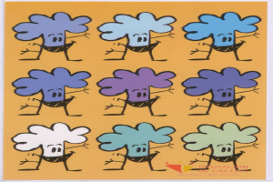 Ein leuchtend gelbes Plakat mit Cartoon-Figuren in hellen Farben, die fröhlich tanzen, und einem Wasserzeichen in der rechten unteren Ecke.