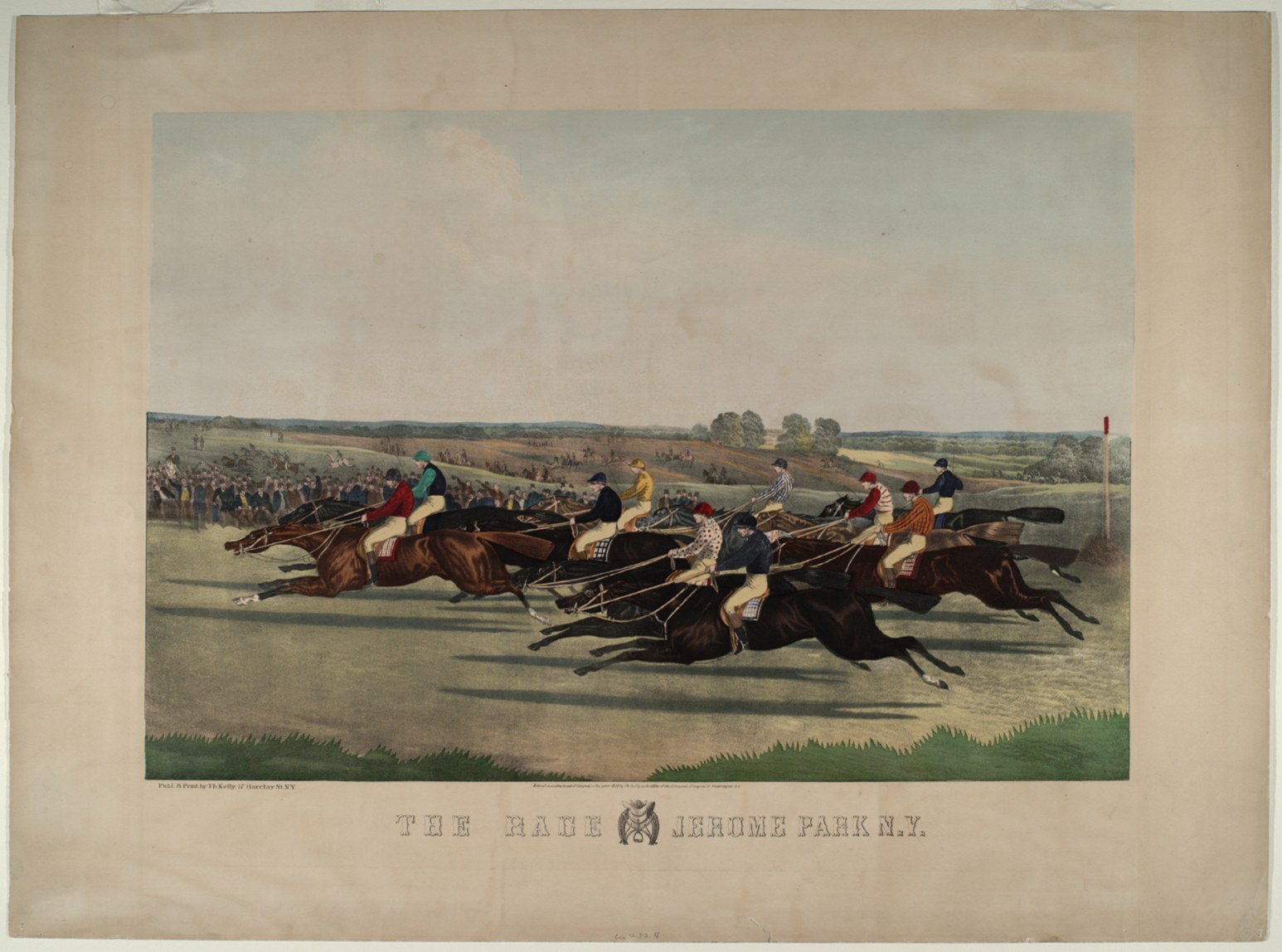 Gruppe von Menschen, die auf Pferden reitet, auf einer grünen Wiese mit Bäumen und einem blauen Himmel im Hintergrund, beschriftet mit 'The Race at Jerome Park, New York' unten.