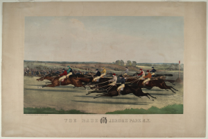 Gruppe von Menschen, die auf Pferden reitet, auf einer grünen Wiese mit Bäumen und einem blauen Himmel im Hintergrund, beschriftet mit 'The Race at Jerome Park, New York' unten.