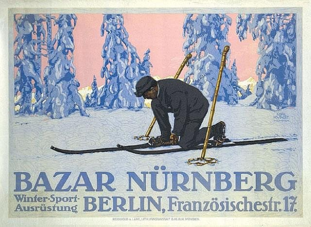 Plakat zum Bazar Nürnberg Winter Sport in Berlin, Deutschland, mit einer Person auf Skiern vor einem Waldhintergrund und Text auf dem Plakat.