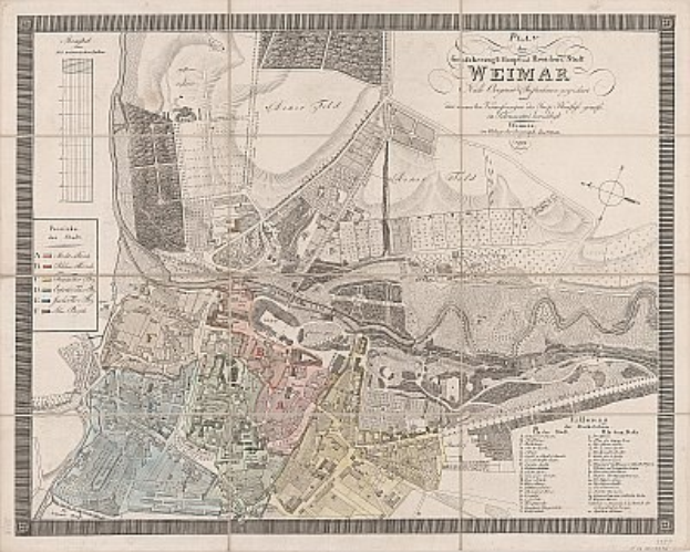 Detailiertes altes Stadtplan von Weimar, Deutschland, mit Straßen, Gebäuden und Sehenswürdigkeiten sowie zusätzlichem Text über die Stadt.