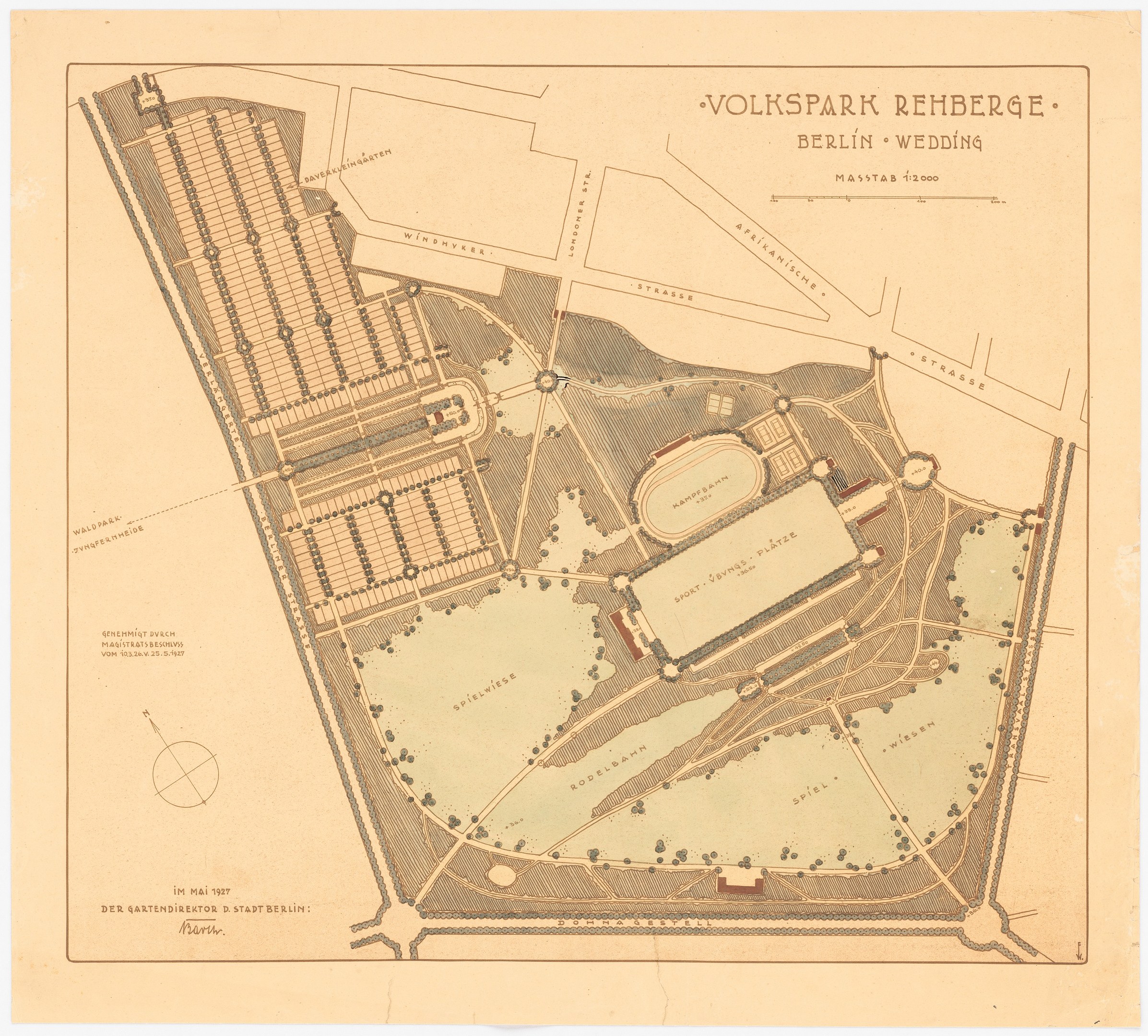 Detailed old map of Berlin, Germany, highlighting Volkspark Rehberg with buildings, roads, and park features marked.