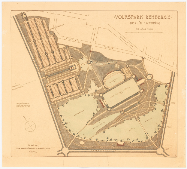Detailed old map of Berlin, Germany, highlighting Volkspark Rehberg with buildings, roads, and park features marked.