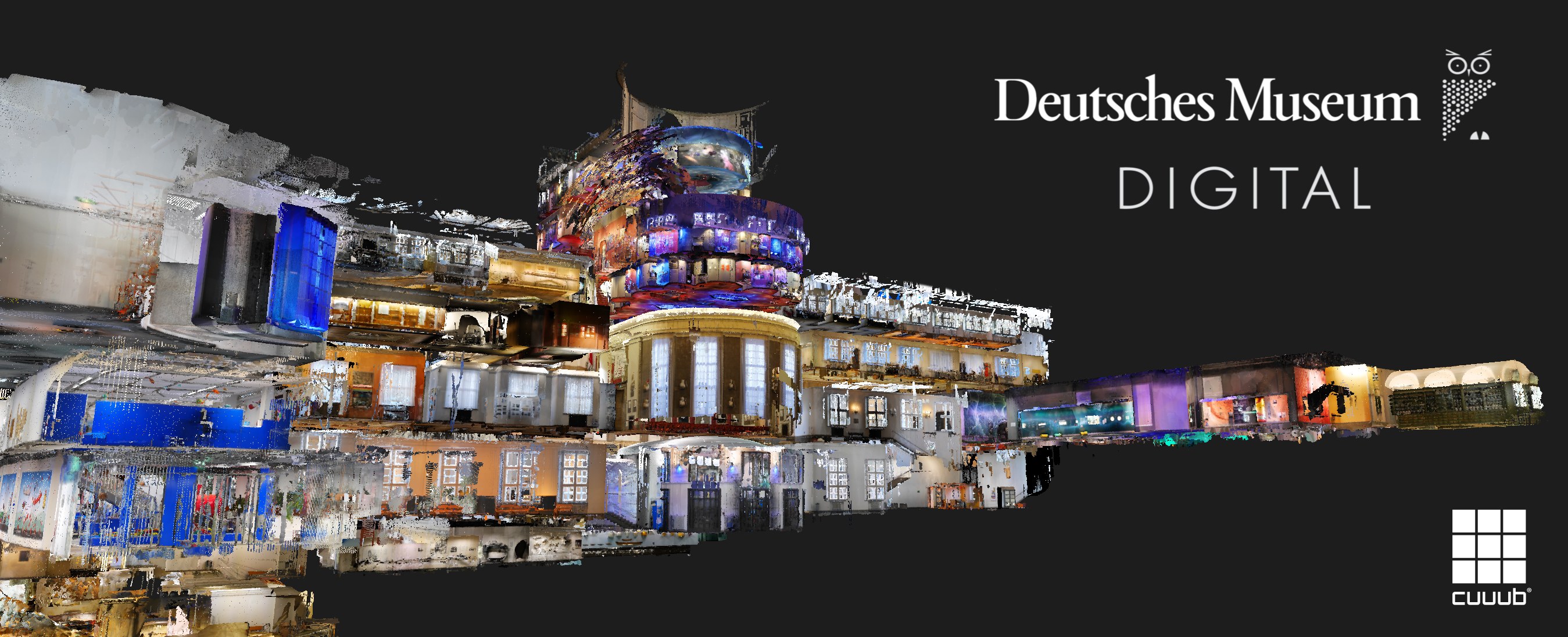 Digital art of the Deutsches Museum Digital featuring foreground buildings against a dark background, with text and a logo on the right side.