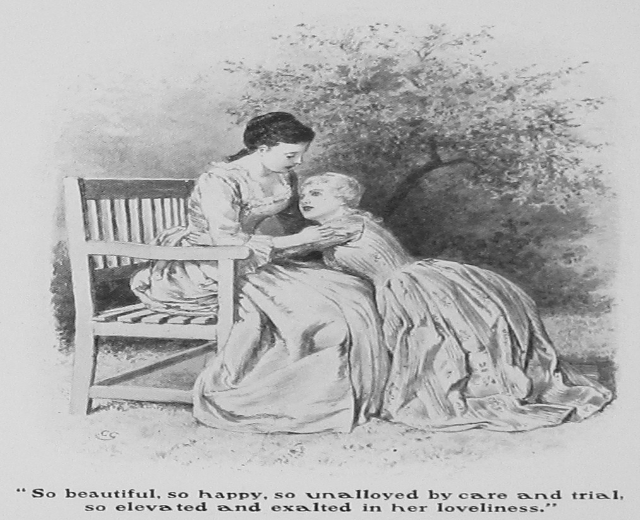 Eine Frau und ein Kind sitzen zusammen auf einer Bank unter einem Baum, mit Text am unteren Bildrand.