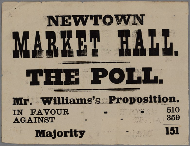 Papier mit handgeschriebenem Text "Newtown Market Hall, die Wahl, Mr. Williams' Vorschlag für gegen Mehrheit."