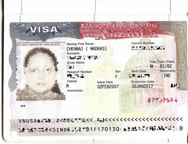 Falscher indischer Visumpass mit einem Frauenfoto, Text und Zahlen.