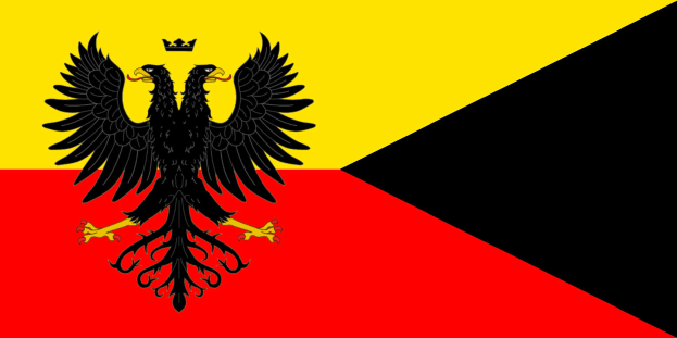 Deutsches Flagge mit einem schwarzen Doppeladler in der Mitte auf horizontalen roten, gelben und weißen Streifen.