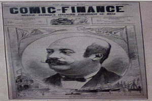 Ein ernsthafter Mann mit Schnurrbart und ordentlich gekämmtem Haar trägt einen Anzug und eine Krawatte und schaut konzentriert, während er eine Zeitung mit der Schlagzeile "Comic Finance" auf der Titelseite hält.