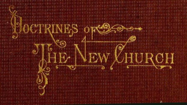 A book titled "Doctrine of the New Church" open to a page with a black-and-white illustration of a man in a suit holding a book and pen, surrounded by a golden border.