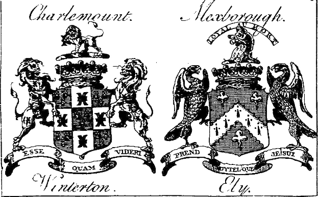 Schwarze und weiße Zeichnung des Stadtwappens von Charleston mit einem Schild mit einem springenden Löwen, einem Zacken und einer Krone, beschriftet mit "Charleston Stadtwappen" in fetter Schrift.