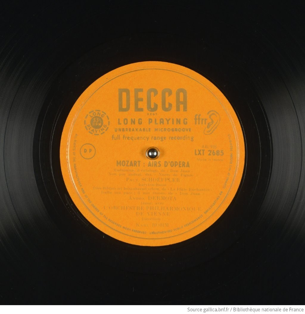 Black vinyl record with a yellow label reading "Mozart - Long Playing - LP".