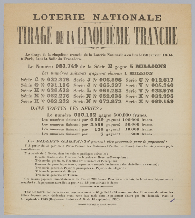Lottery ticket for the "Loterie Nationale" fifth draw with printed winning numbers.
