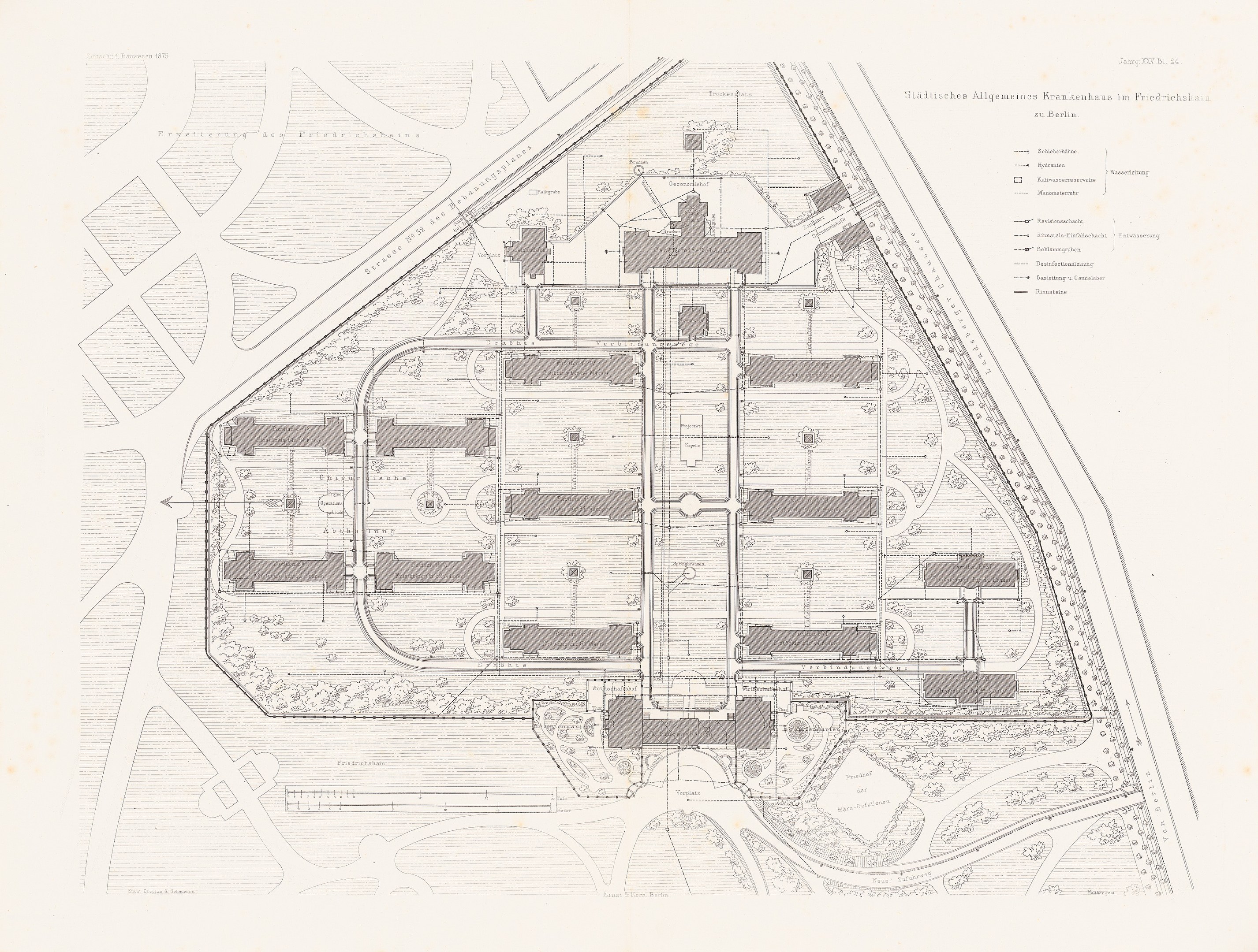 Black and white architectural plan of the Allgemeine Kreuzhaus in Berlin, showing a detailed layout of numerous rooms and some accompanying text.