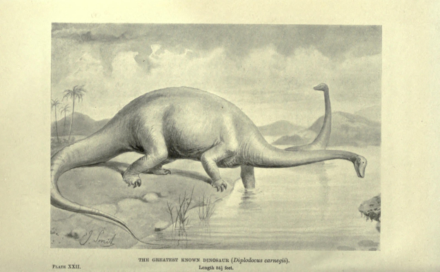 A drawing of a brachiosaurus standing in water surrounded by foliage, hills, and a cloudy sky with text at the bottom.