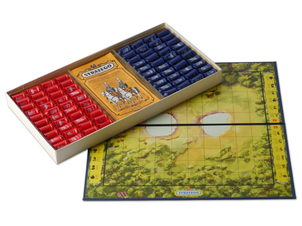 A rectangular game box with a colorful world map on its lid, containing strategy game pieces inside.