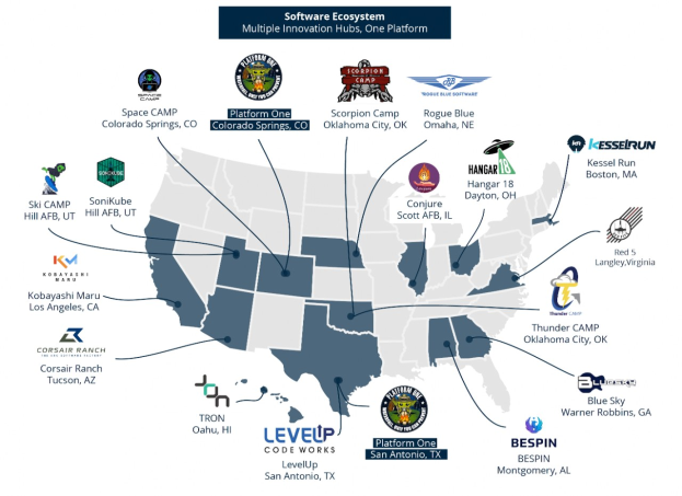 Map of the United States showing locations of software companies with their logos and descriptive text.