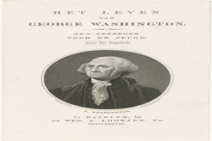 Porträt von George Washington auf Papier mit Text, der nach vorne schaut, mit ernstem Gesichtsausdruck, Anzug und Krawatte tragend, zurückgekämmtes Haar sichtbar.