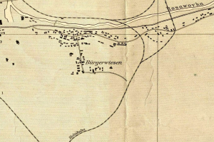 Black and white map of Burgerswiesen, Germany, with labeled streets and landmarks.