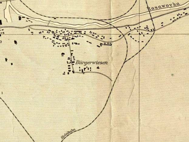 Black and white map of Burgerswiesen, Germany, with labeled streets and landmarks.