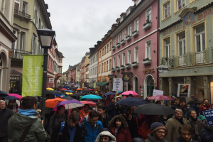 Große Gruppe von Menschen, die mit Schirmen die Straße entlanggehen, einige tragen Taschen und halten Schilder, während sie an einem Klimastreik in Deutschland teilnehmen, mit Gebäuden und einem Laternenpfahl im Hintergrund.