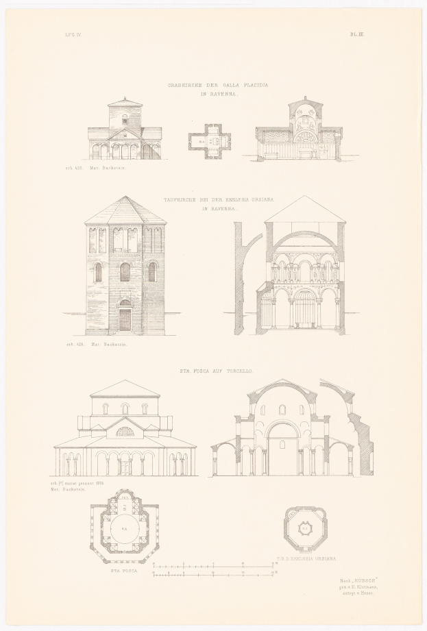 A book page featuring detailed architectural drawings of various buildings, accompanied by descriptive text about their history.
