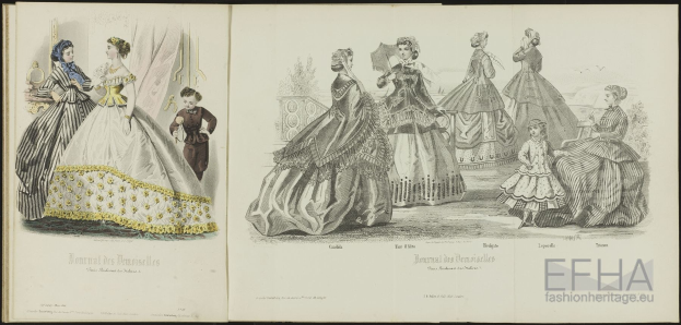 Open book titled "Journal des Demoiselles" displaying 18th-century fashion illustrations of women in dresses alongside descriptive text.
