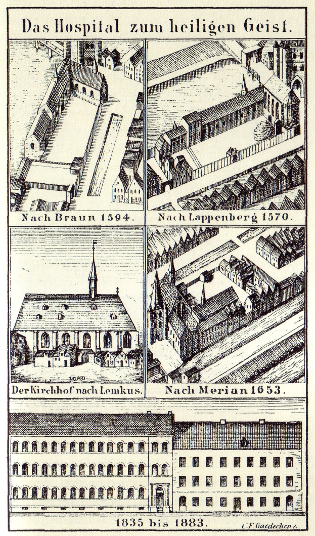 Ein detailliertes Plakatbild eines deutschen Krankenhauses mit Gebäuden, die Fenster, Türen und Balkone aufweisen, begleitet von Text, der seine Größe, Lage und Merkmale beschreibt.