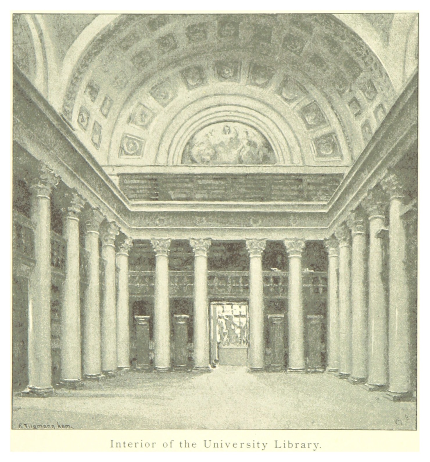 Innenansicht einer prächtigen Universitätsbibliothek mit hohen Säulen und kunstvollen Deckenentwürfen sowie dekorativem Text am unteren Bildrand.