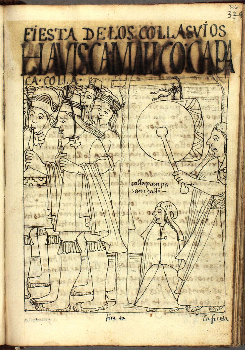 Offenes Buch mit der Aufschrift "Fiesta de los Collasvios Haviscamalco Capa", das eine Illustration eines Volkstanzes mit Menschen in traditioneller mexikanischer Kleidung zeigt, die um einen Trommler tanzen, vor einem hellgelben Hintergrund.