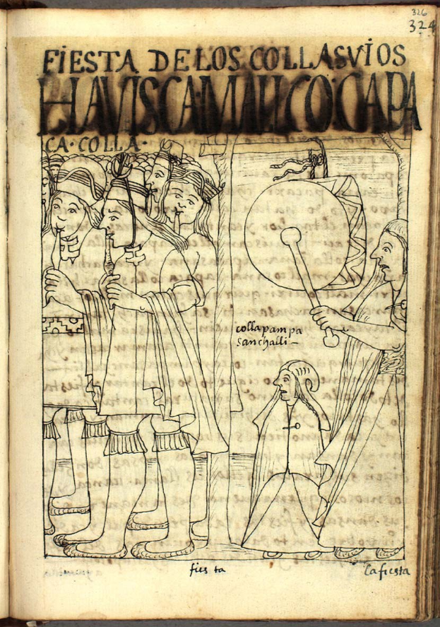 Offenes Buch mit der Aufschrift "Fiesta de los Collasvios Haviscamalco Capa", das eine Illustration eines Volkstanzes mit Menschen in traditioneller mexikanischer Kleidung zeigt, die um einen Trommler tanzen, vor einem hellgelben Hintergrund.
