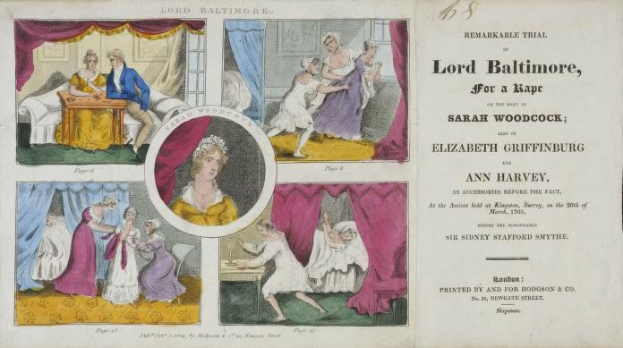 Eine historische Illustration eines Prozessdokuments, das ein Blatt Papier mit Porträts, Vorhängen und Text zeigt, der sich auf den Prozess gegen Lord Baltimore bezieht.