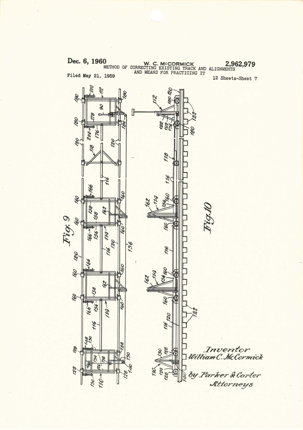 Detailed technical drawing of a track correction machine from W.C. McCormick's patent 2,962,979, showing components like track and alignments.