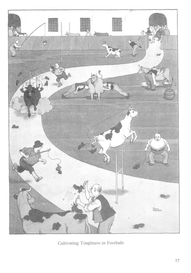 Schwarzer und wei├čer Zeichenstil von Menschen und Tieren auf einem Feld mit einer Wand und Fenstern im Hintergrund, mit der Beschriftung "Züchtung von Durchsetzungsverm├Âgen im Fussball" unten.