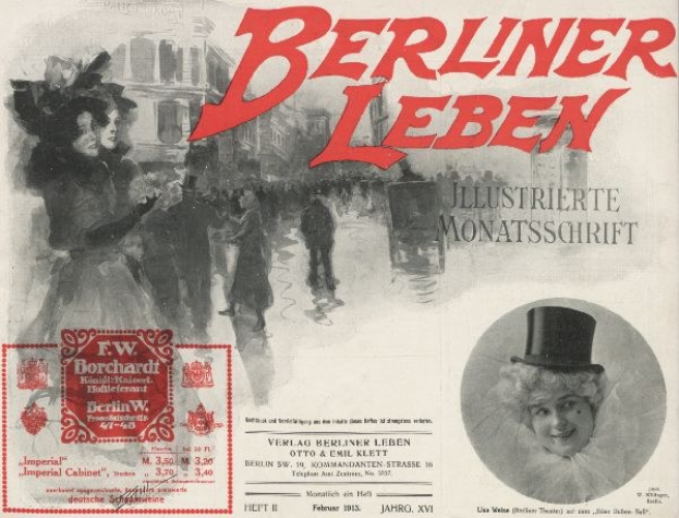 Werbeplakat für das Berliner Leben Theater mit einer Frau in einem Zylinder und einem Mann in einem Anzug, mit Text, einem Stempel, Hintergrundgebäuden und zusätzlichen Figuren.