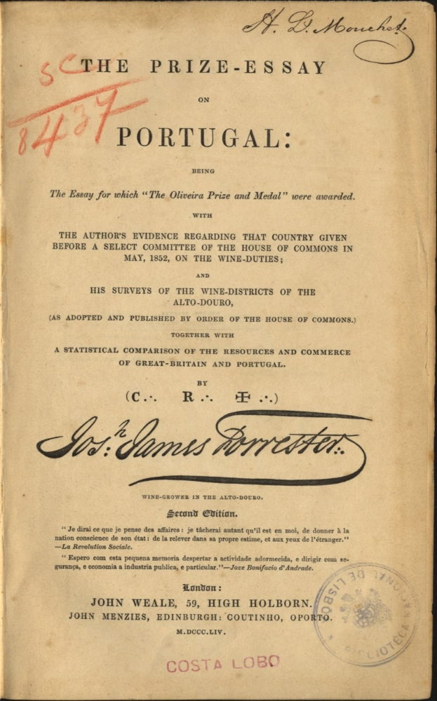 Old book titled "The Prize-Essay on Portugal" with a stamp on the cover against a black background.