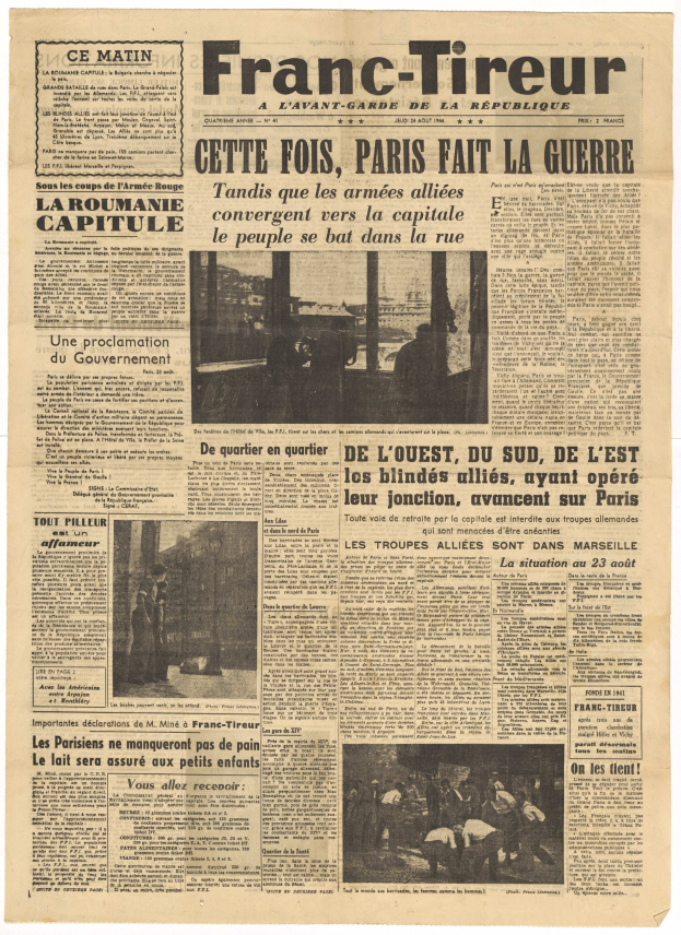 Titelseite der französischen Zeitung *Franc-Tireur* mit der Schlagzeile "Cette Fois, Paris Fait La Guerre" und Fotos eines Mannes im Anzug, einer Frau in einem Kleid, eines Mannes mit Hut und einer Frau mit einem Stock.