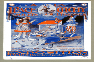 Ein Plakat, das ein Rennen in Frankreich ankündigt und ein Mädchen, einen Jungen, ein Fahrzeug, Vögel, ein Haus und andere Gegenstände zeigt, mit Text.