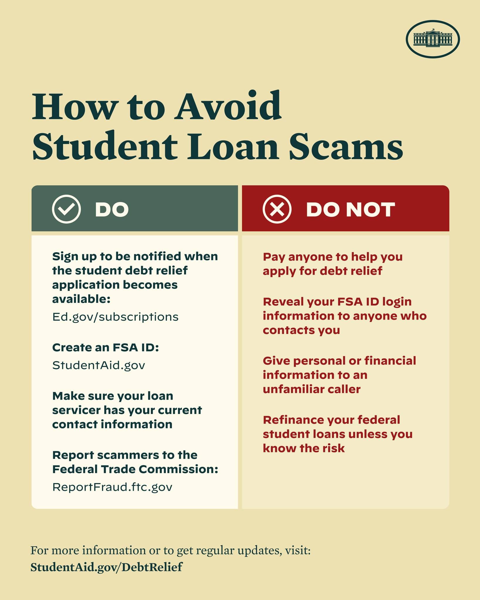 Brightly colored poster with blue background and white bold text titled "How to Avoid Student Loan Scams," featuring a small student illustration with a magnifying glass and a list of steps to avoid scams.