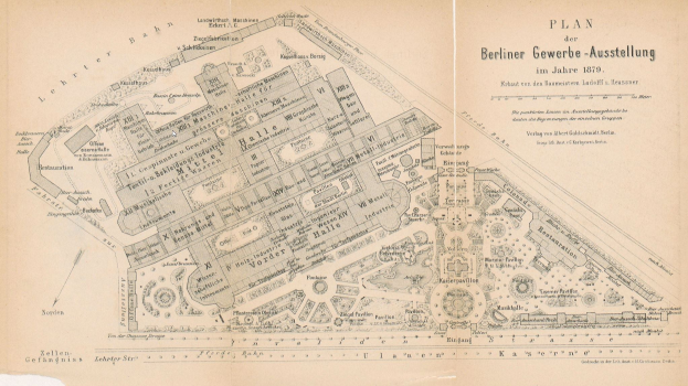 Old map of Berlin, Germany, from 1879 displaying the Berliner Gewerbe-Ausstellung with detailed buildings, roads, and labeled streets, parks, and landmarks.