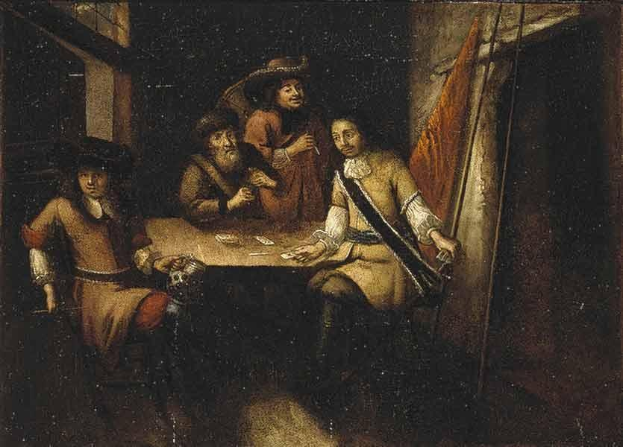 Gem├Ąlde mit dem Titel "Das Kartenspiel" von Rembrandt van Rijn, das eine Gruppe von Menschen zeigt, die in einer Taverne Karten spielen, mit einem Vorhang und einem Fenster rechts.