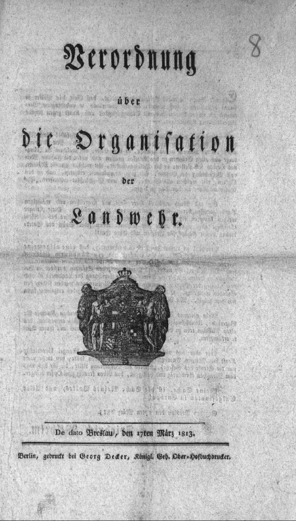 Black and white book cover featuring a man in a suit and tie, with text reading "Berordnung über die Organisation der Landwebe" (translated as "Organization of the Landweber").