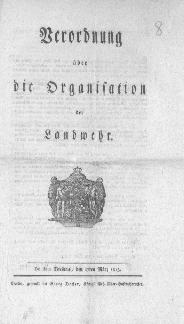 Black and white book cover featuring a man in a suit and tie, with text reading "Berordnung über die Organisation der Landwebe" (translated as "Organization of the Landweber").