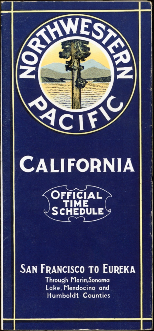 Poster with black background displaying "Northwestern Pacific California Official Time Schedule" in text.