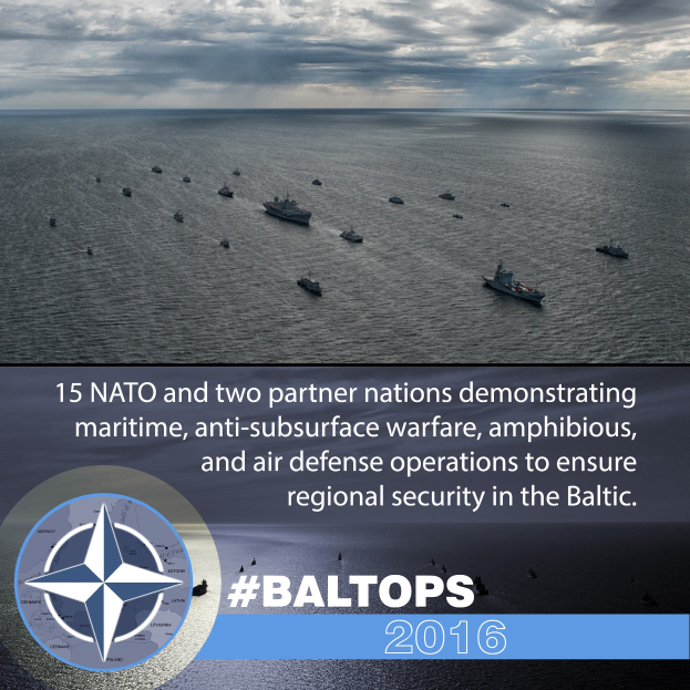 Gruppe von Schiffen auf Wasser mit bewölktem Himmel, mit Text und Logo über NATO-Meerübungen in der Ostsee.