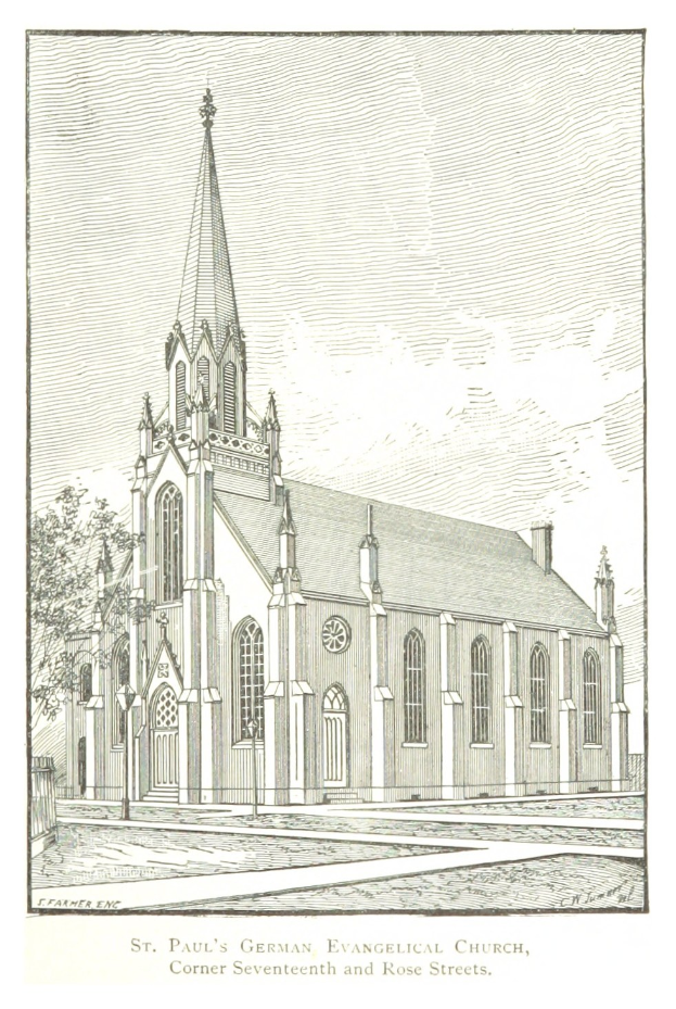 Zeichnung der St. Pauluskirche der Deutschen Evangelischen Kirche mit einem Baum im Vordergrund und einem klaren blauen Himmel im Hintergrund, Text unten.