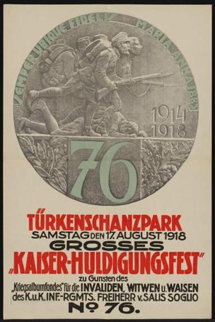 Poster for the 70th anniversary of the Kaiser-Huldigungsfest in Berlin, Germany, featuring a group of people in the center with surrounding text and numbers, framed in a photo frame.