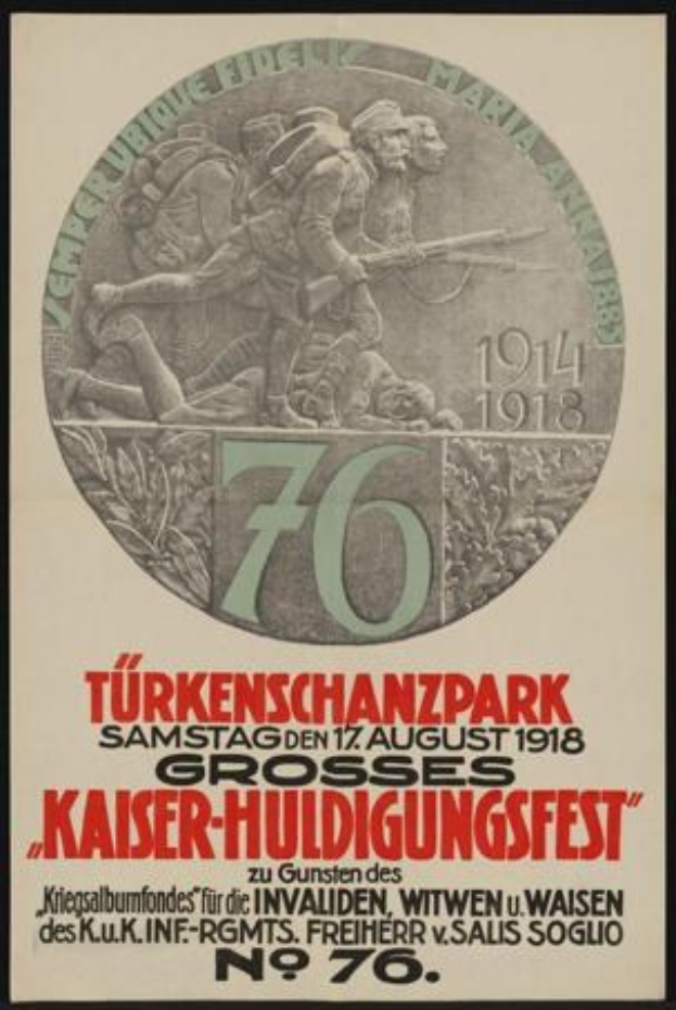 Poster for the 70th anniversary of the Kaiser-Huldigungsfest in Berlin, Germany, featuring a group of people in the center with surrounding text and numbers, framed in a photo frame.